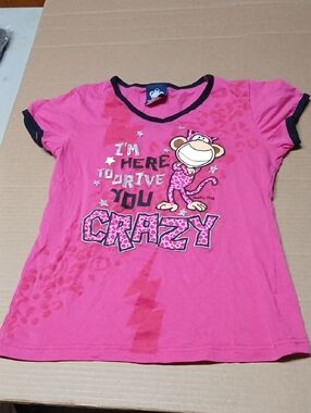 Bobby Jack Y2K Pink Leopard "Drive You Crazy" V-Neck Graphic Tee Glitter T-Shirt